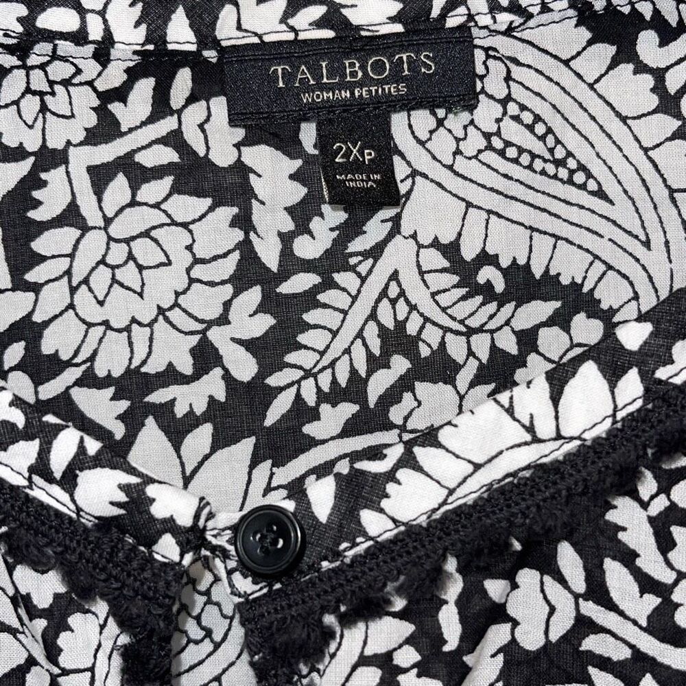 Talbots PAISLEY POPOVER Tunic Top Cotton Size 2Xp Black White Boho - Picture 5 of 8